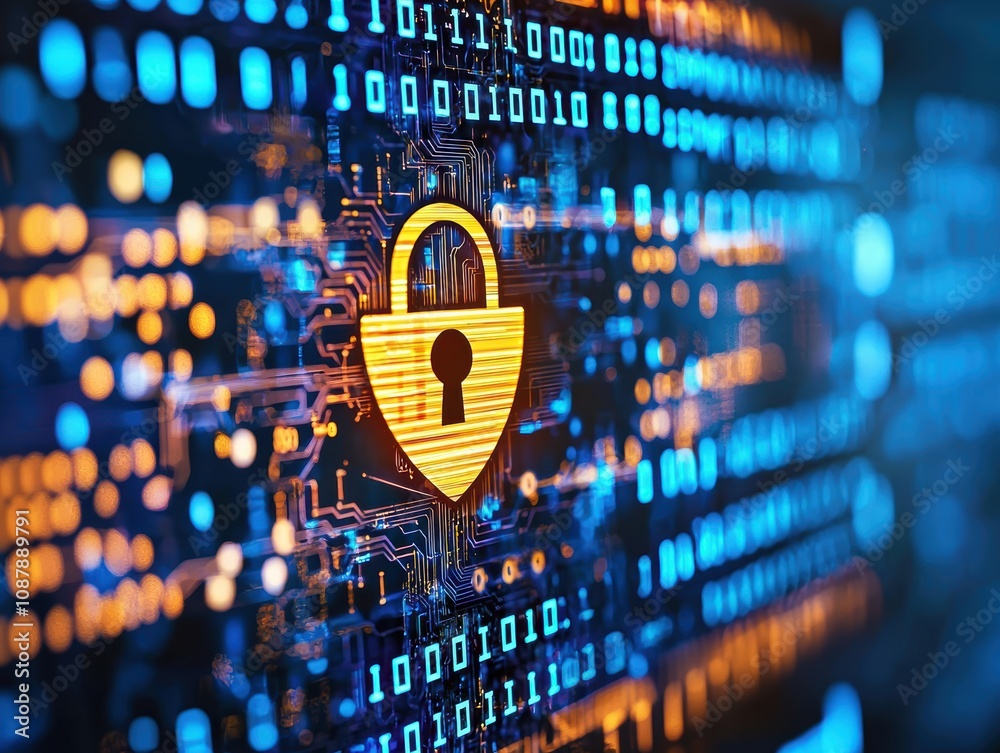 Poster abstract representation of digital security with a lock icon amidst blue and orange binary code back