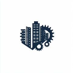 An abstract design featuring skyscrapers integrated with mechanical gears, symbolizing urban development.