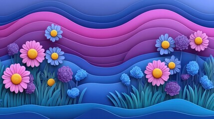Colorful layered paper flowers in a vibrant landscape.