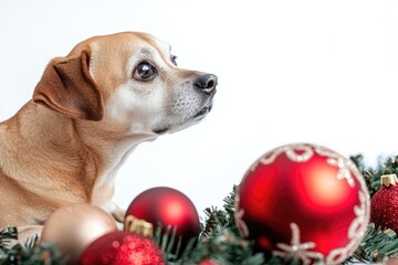 A dog sitting in front of a collection of Christmas ornaments, great for holiday-themed projects and ads