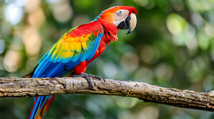 Obraz premium A Rainbow-Colored Macaw Perched on a Tree Branch, Displaying Its Vibrant Feathers Amidst Lush Greenery