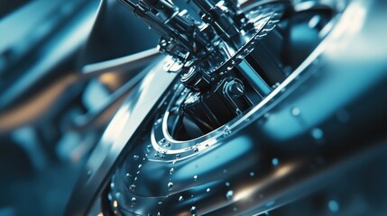 Abstract Close-Up of a Sleek, Chrome Mechanical Device with Water Droplets