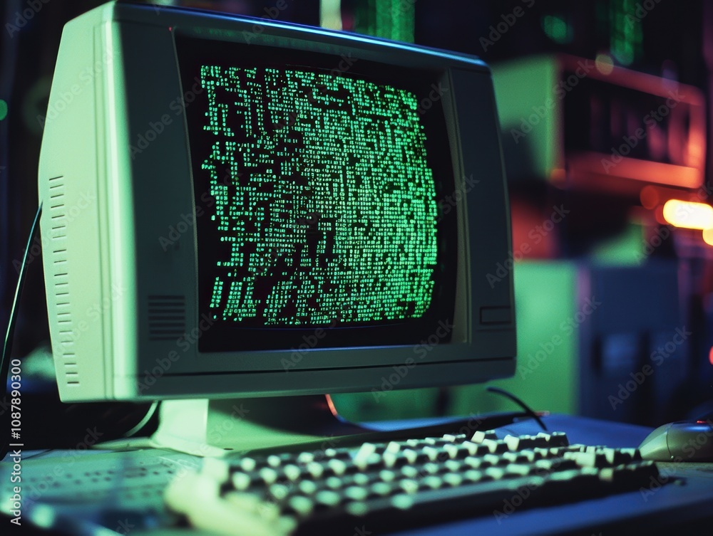Poster retro computer with glowing green code on screen, capturing nostalgia and the aesthetics of early di