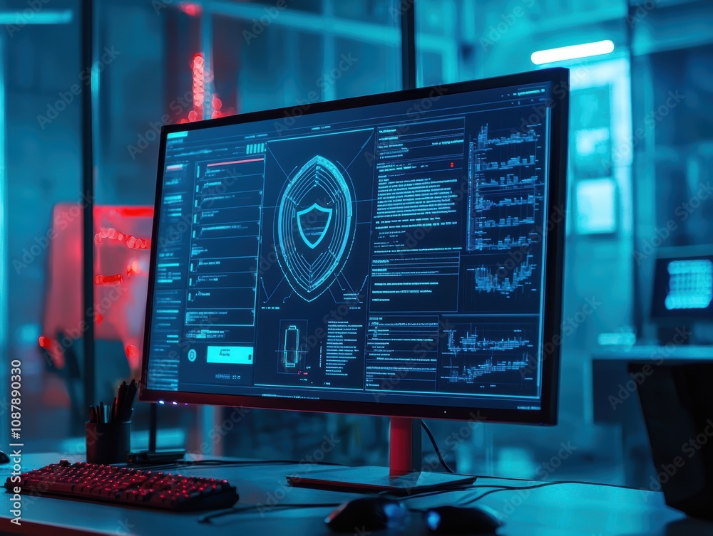 Poster futuristic workspace with high-tech computer screen displaying cybersecurity data in a modern contro