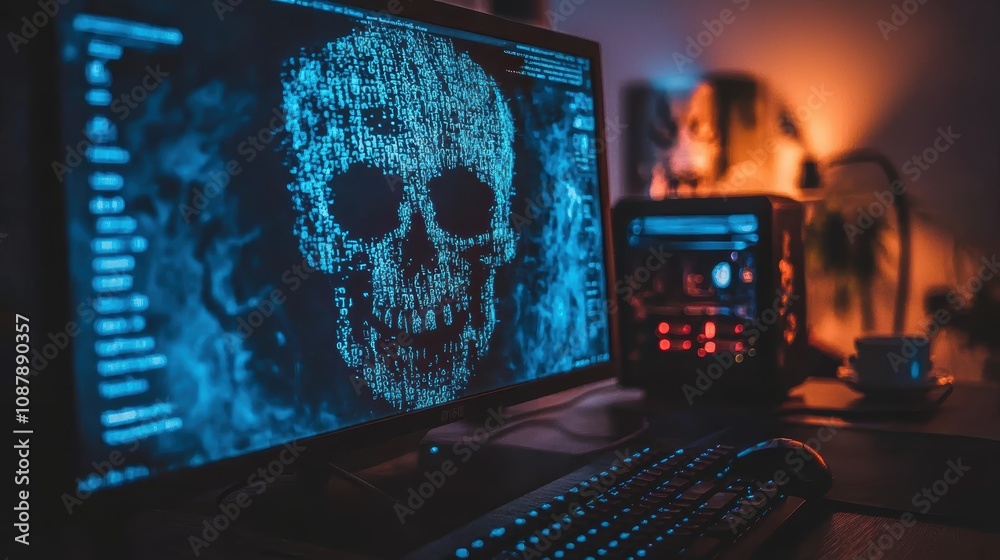 Poster digital skull with binary code on computer screen in dark room, concept of cyber security, hacking a