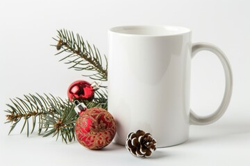 A white coffee mug sits next to a Christmas tree, perfect for holiday decorations and gift-giving