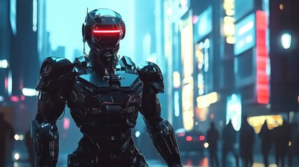Cyberpunk City:  A Futuristic Robot in Neon-Lit Streets