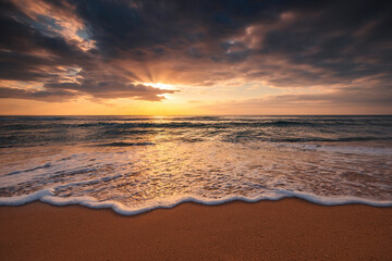 Sunset ocean beach shore, sunrise over sea horizon