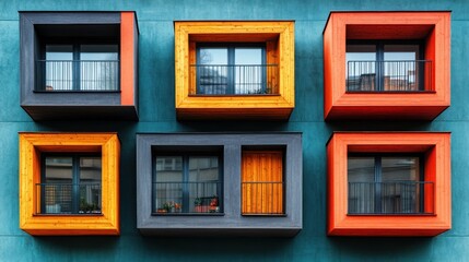 Fototapeta premium Colorful modern building facade with diverse windows and balconies.