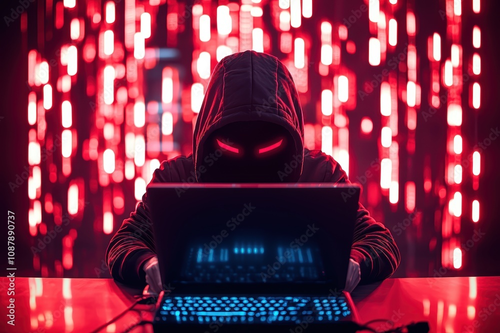 Poster mysterious hacker in a dark environment surrounded by red lights, focusing on computer screen, repre