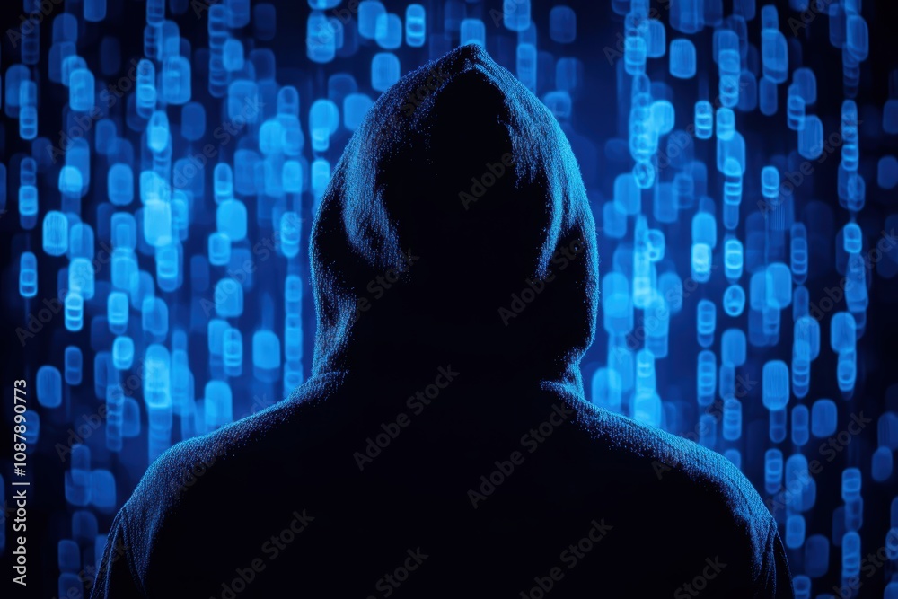 Poster mysterious figure in a hooded sweatshirt against a background of digital binary code representing cy