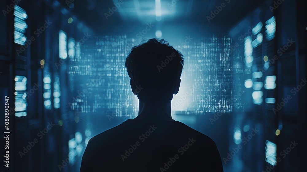 Poster a silhouette of a person standing in a dark server room surrounded by glowing data streams and binar