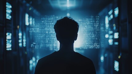Obraz premium A Silhouette of a Person Standing in a Dark Server Room Surrounded by Glowing Data Streams and Binary Code in a High-Tech Digital Environment