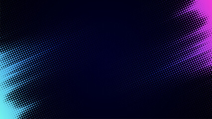 Vector halftone gradient with blue and pink tones on a dark background. Dynamic dotted texture for modern and abstract creative projects