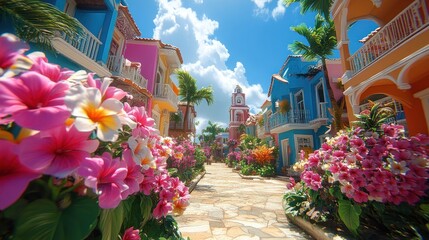 Colorful street with vibrant flowers and palm trees in a sunny tropical town.
