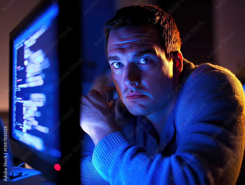 Poster introspective young man working late at night on computer, illuminated by blue light, focused on cod