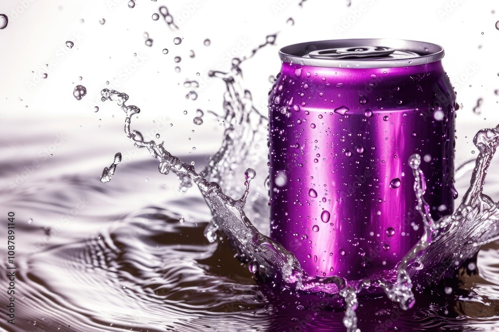 Poster a close-up view of a soda can with water splashing out, suitable for use in advertising and promotio