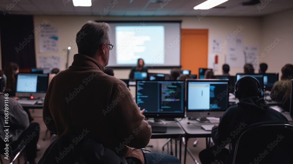 Fototapete engaged audience in a coding workshop: classroom setting with attentive learners and instructor pres
