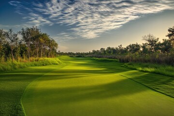 A serene green golf course with tall trees in the background, perfect for a peaceful morning walk or a game of golf