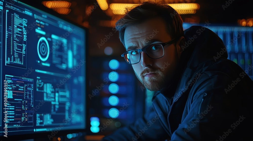 Poster focused male technician working on complex data analysis in a dimly lit high-tech environment surrou