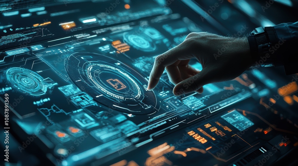 Poster high-tech interface with futuristic touchscreen and glowing data visualization in a dark environment
