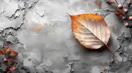 A textured gray background features a dry orange leaf and small twigs, evoking autumn.