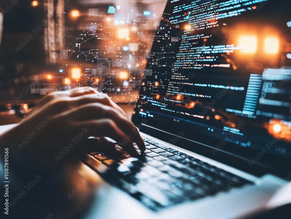 Poster close-up of a person's hand typing on a laptop keyboard surrounded by digital code and technology vi