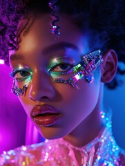 Obraz premium A Y3K woman portrait, featuring bold, iridescent, holographic makeup designs, face embellishments with metallic and crystal accents, sleek futuristic clothing with high-tech accessories.