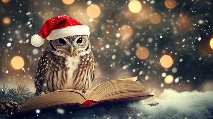 Owl with Santa hat reading a Christmas storybook magical holiday setting cozy winter scene