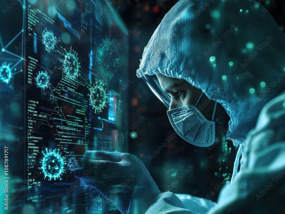 Poster scientist analyzing virus data in high-tech lab environment with advanced technology and visualizati