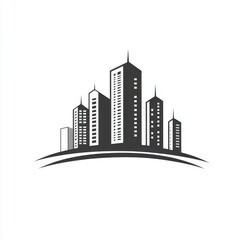 Stylized silhouette of a modern city skyline with tall buildings and a curved bottom edge.