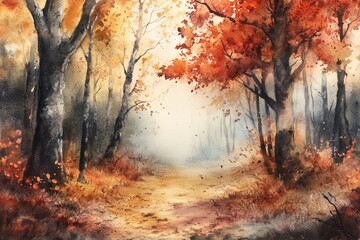 Fototapeta premium A serene woodland path painted in watercolor style, ideal for use as background or illustration