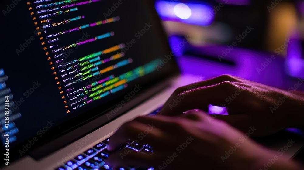 Poster hands typing on laptop with colorful code on screen, showcasing programming in a dark environment wi
