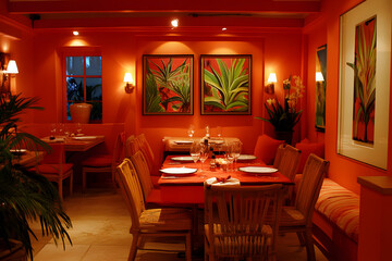 Energizing Sunset Coral Restaurant Interior with Vibrant Decor and Elegant Dining Setup