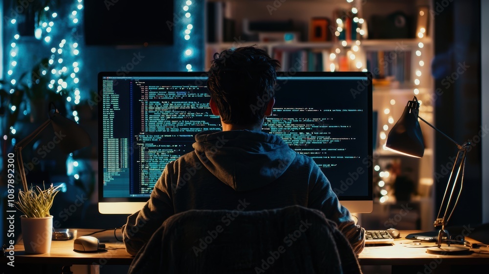 Poster young programmer working on code at night with beautiful led lights in the background creating a coz