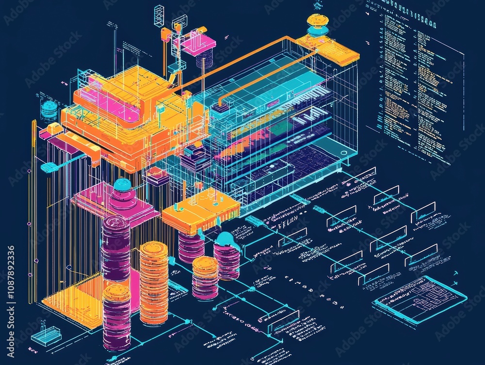 Poster futuristic digital architecture design with abstract 3d elements, colorful structures, data flow mod