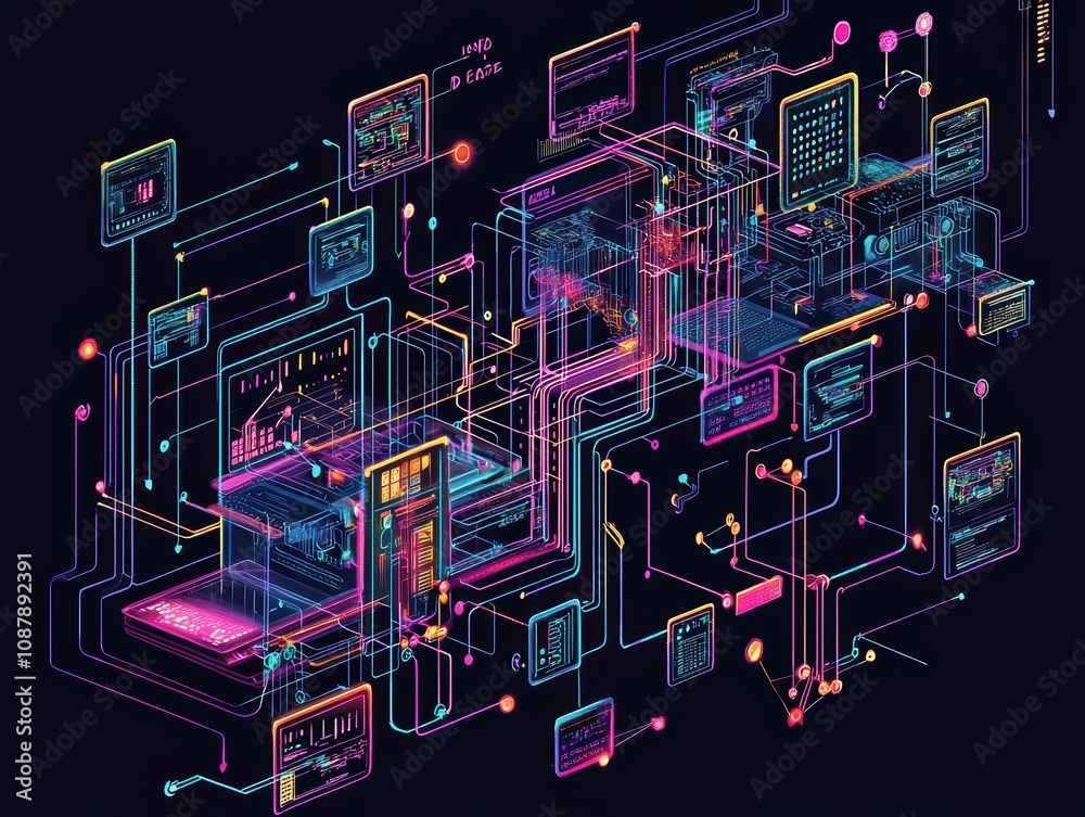 Poster abstract digital network visualization with colorful lines and shapes representing data flow, connec