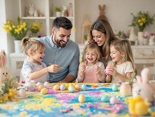 Family Celebrating Easter Decorating Eggs with Smiles and Joy