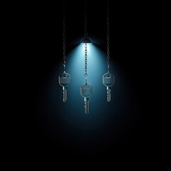 Three metallic keys suspended from chains under a spotlight, creating a mysterious and intriguing atmosphere.
