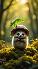 Mały jeżyk trzyma parasol z liścia, stojąc na mchu w lesie po deszczu. Krople wody błyszczą na roślinach, a w tle rozmyte światło słoneczne przebija się przez drzewa.