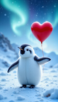 Mały pingwin na lodzie, trzymający w skrzydle czerwony balonik w kształcie serca. W tle polarne niebo z zorzą polarną. Śnieżny krajobraz i romantyczny, zimowy klimat.