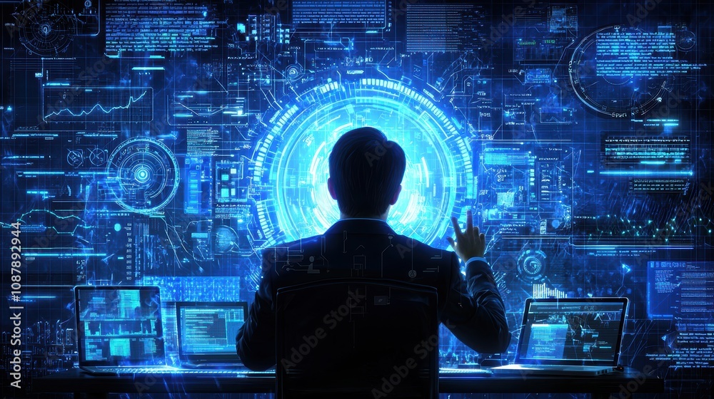 Poster futuristic business professional analyzing data on multiple screens in a high-tech environment with 