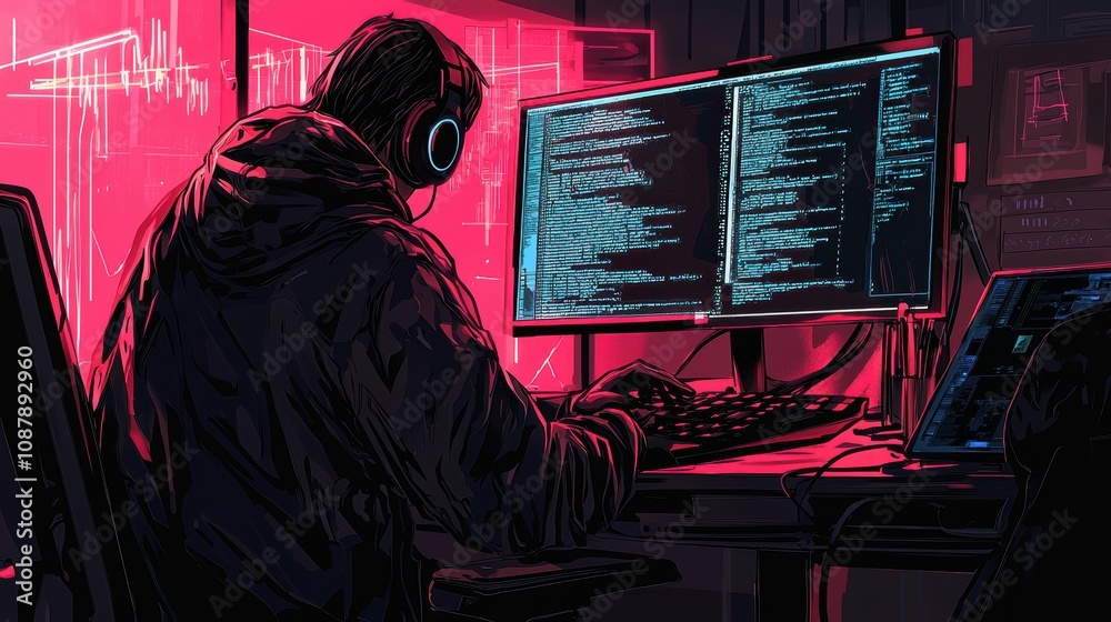 Poster digital hacker in neon lighting: a lone figure immersed in the world of coding, surrounded by vibran