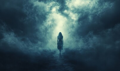 Fototapeta premium Embrace Fate s Challenges in a Mystical Ethereal Landscape of Darkness and Light