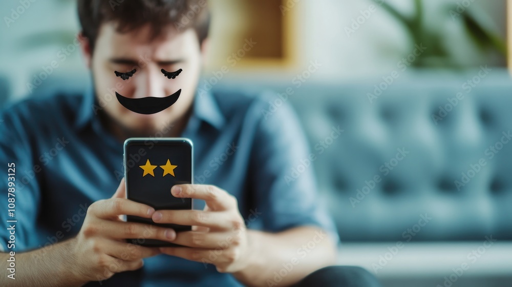 Poster a person relaxing on a sofa with a mobile device, suitable for social media or technology-related co