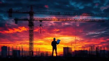 Construction worker at sunset with cranes.