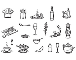 Elegant Gourmet Dining Outline Icon Collection – 25 Thin Line Editable SVG Designs for Culinary Themes