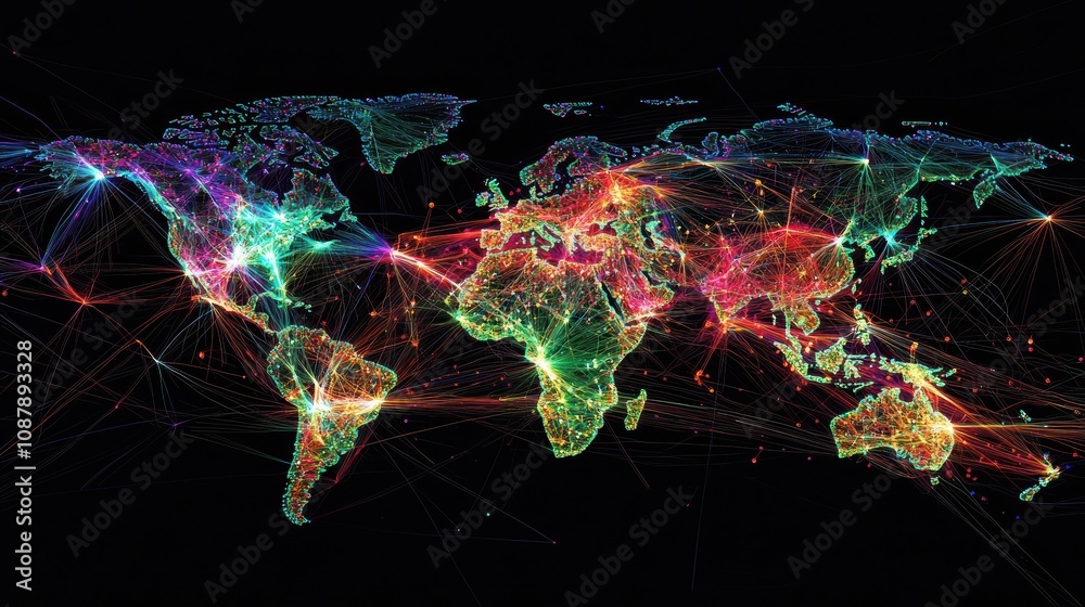Poster colorful global connectivity map with enhanced neon effects illustrating interconnected networks acr