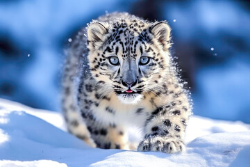 Obraz premium Playful snow leopard cub on snowy landscape, showcasing its striking fur pattern and captivating blue eyes. Concept of innocence and curiosity in nature, highlighting wildlife beauty and fragility