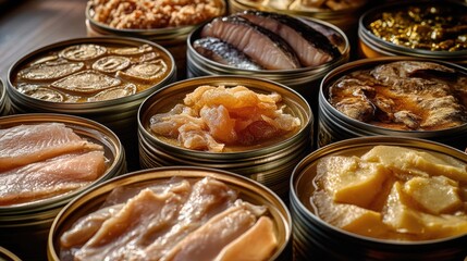 Various groceries packed in tin containers, ideal for use in still life photography or as a prop for food-related scenes